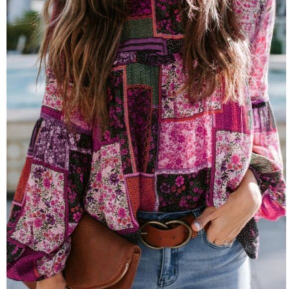 Boho Floral Print Patchwork Blouse rose colored size small med large - Picture 4 of 5